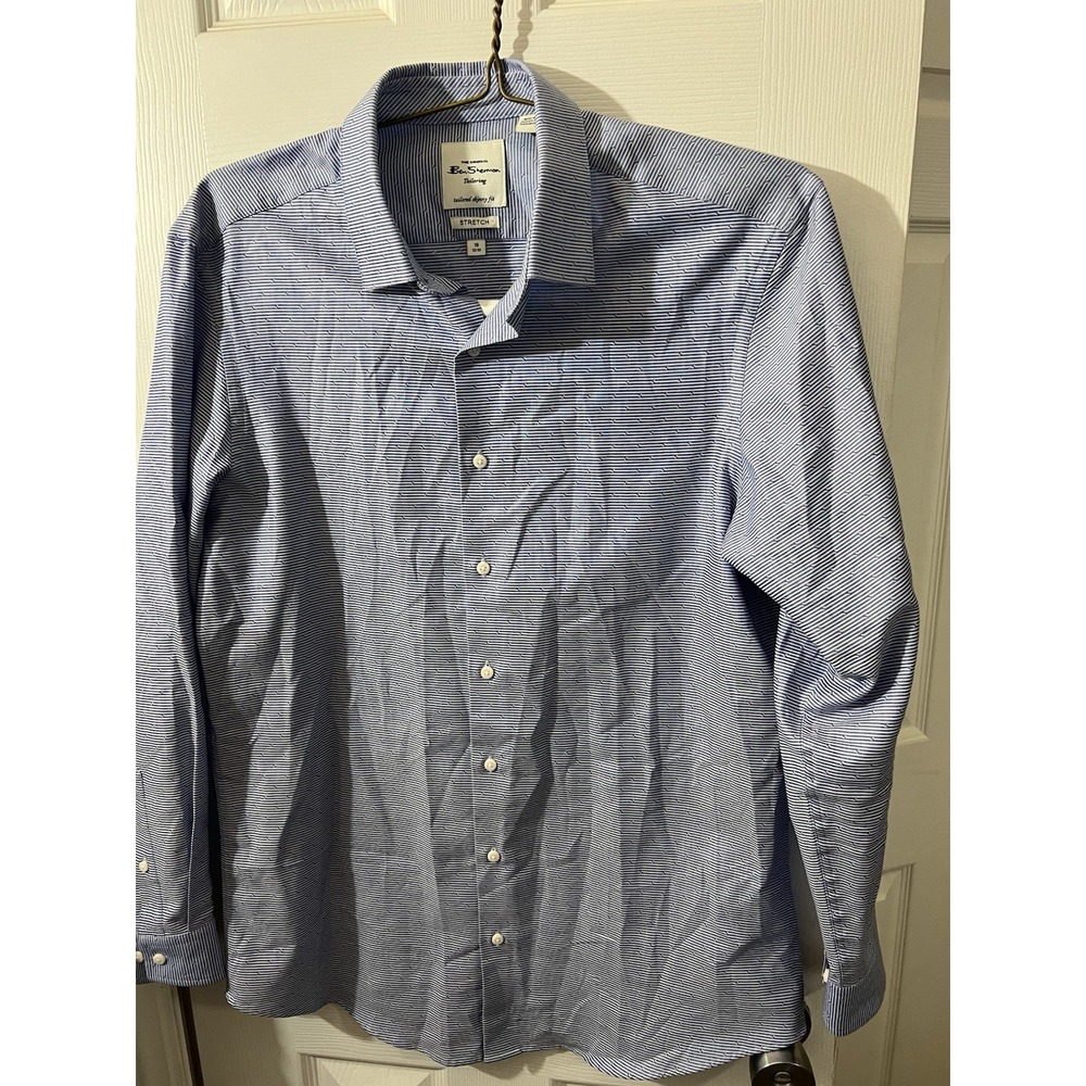 Ben Sherman Dress Button Shirt Mens L 16 32/33 Blue Skinny Fit Stretch